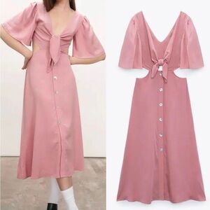 Zara Cut Out Ties V-Neck Button Pink Dress size XS